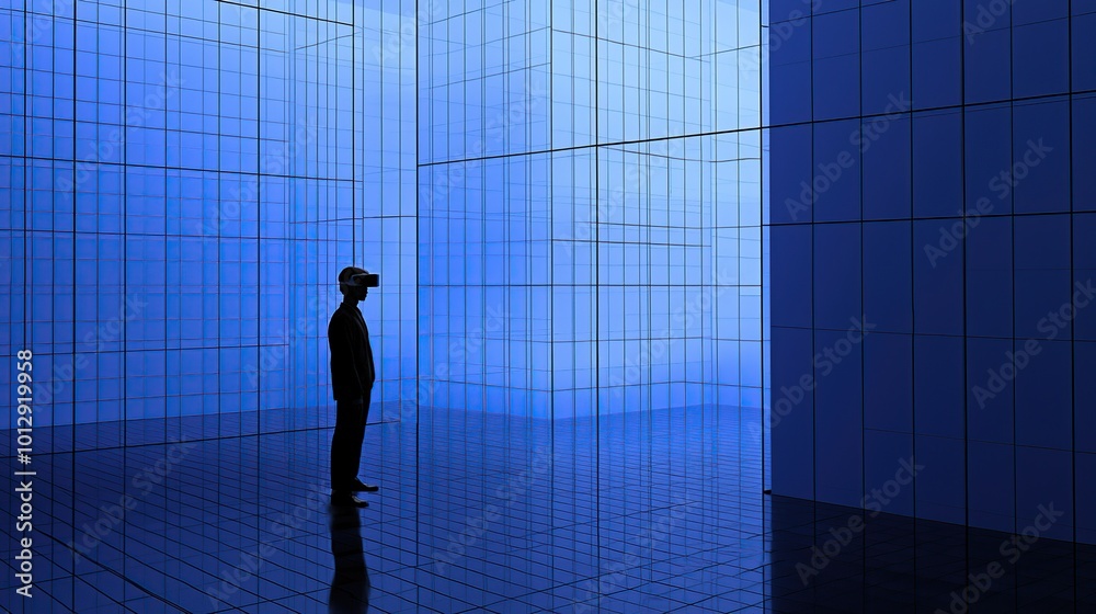 A businessman wearing a VR headset stands in a futuristic, blue, gridded room. A businessman wearing a VR headset stands in a futuristic, blue, gridded room.