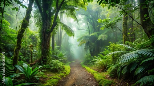 A winding path through an ethereal rainforest shrouded in morning mist, sunlight filtering through dense foliage, creating a magical ambiance.