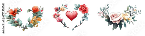 A Floral Heart Wreath in Cartoon Style. Isolated on a Transparent Background. Cutout PNG.