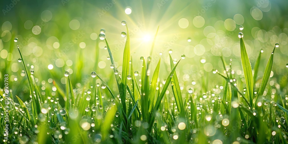 Fototapeta premium A Tapestry of Dewdrop Reflections in a Lush Meadow, Illuminated by the Gentle Morning Light