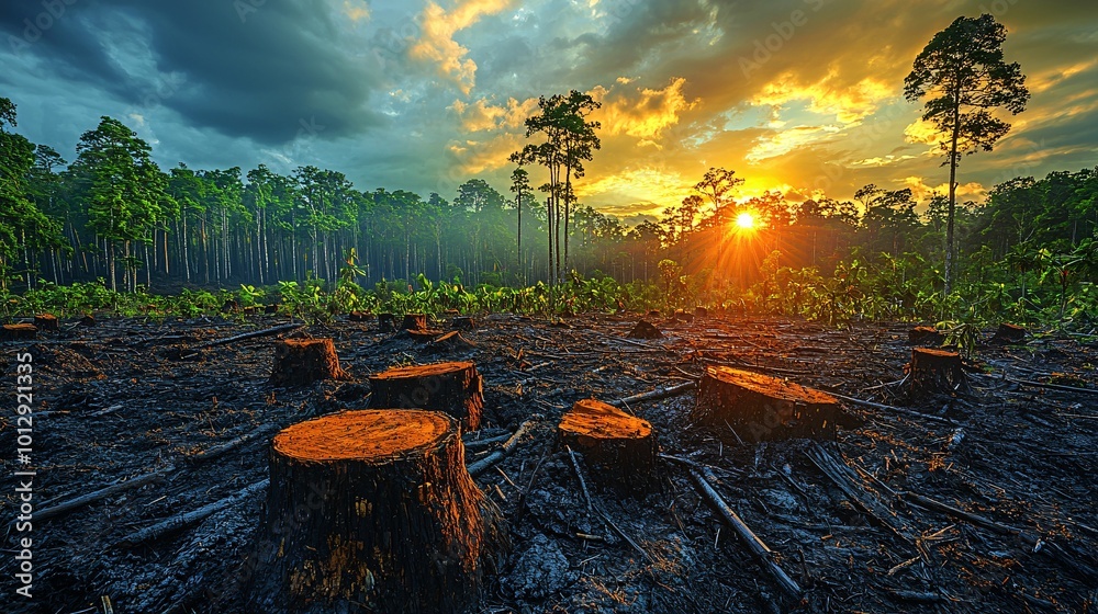 Deforested Area with Tree Stumps at Sunset Deforested Area with Tree Stumps at Sunset