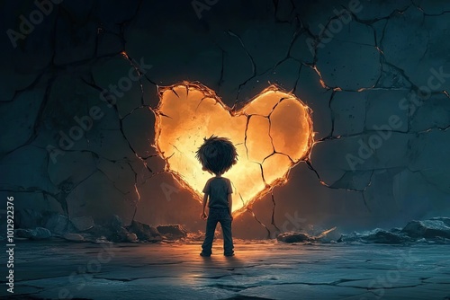 A Boy Gazing at a Heart-Shaped Opening in a Cracked Wall
