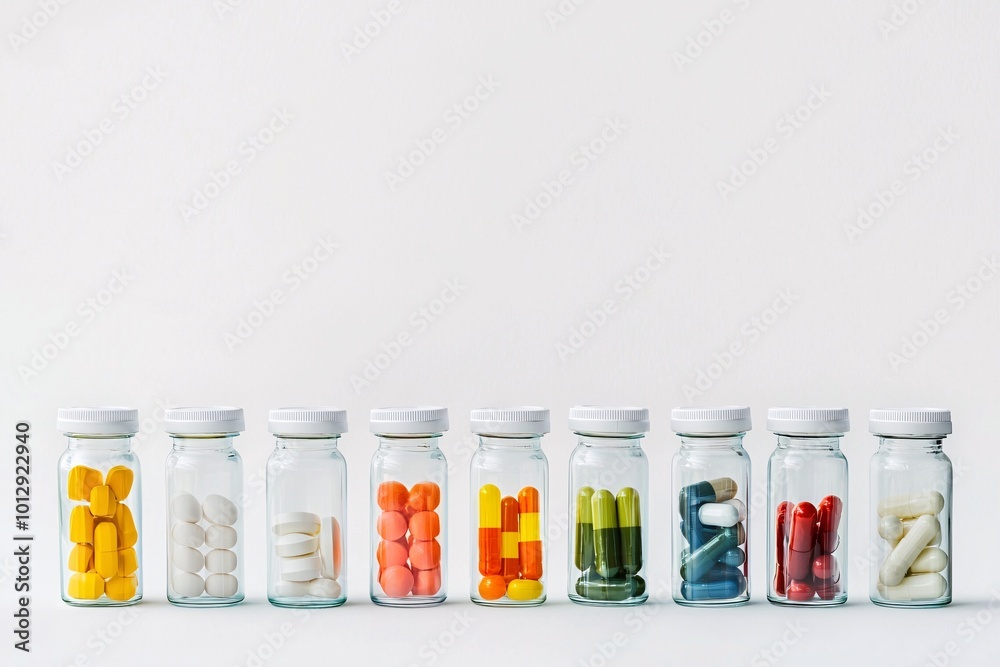 An organized display of labeled medication bottles on a pristine white background, ideal for health-themed designs. An organized display of labeled medication bottles on a pristine white background, ideal for health-themed designs.