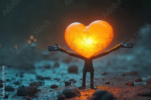 A glowing heart-shaped head figure with outstretched arms standing on a rocky surface