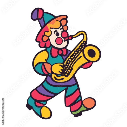 Cute clown playing a saxophone colorful cartoon style