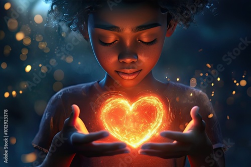 A young girl with closed eyes holding a glowing heart in her hands