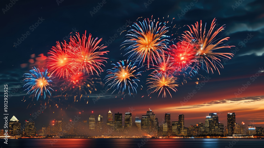 Obraz premium Colorful Fireworks Over City Skyline at Midnight: A Spectacular Celebration