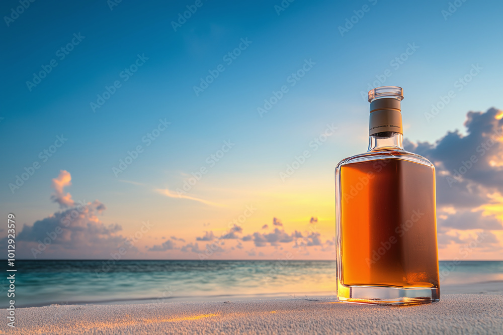 a premium rum bottle on a tropical beach at sunset a premium rum bottle on a tropical beach at sunset