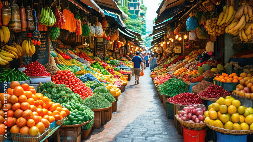 Obraz premium Cultural Exploration in a Bustling Asian Fruit Market: A Vibrant Journey