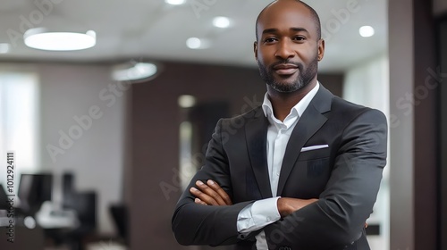 African American businessman in formal wear, showcasing confidence and professionalism in a modern office