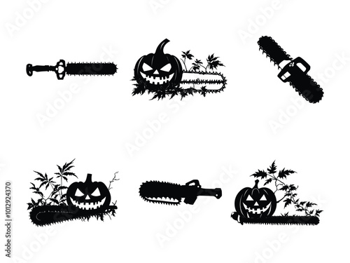 Halloween Chainsaw Silhouette Bundle, Scary Pumpkin Jack-O-Lantern.