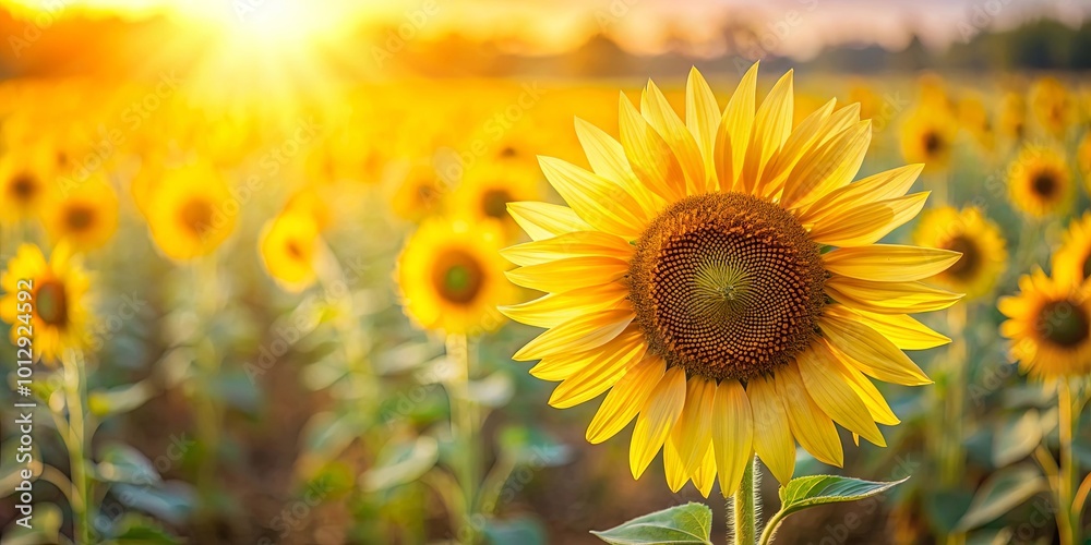 A Single Sunflower Basking in the Golden Glow of the Setting Sun, Surrounded by a Field of Its Kind A Single Sunflower Basking in the Golden Glow of the Setting Sun, Surrounded by a Field of Its Kind