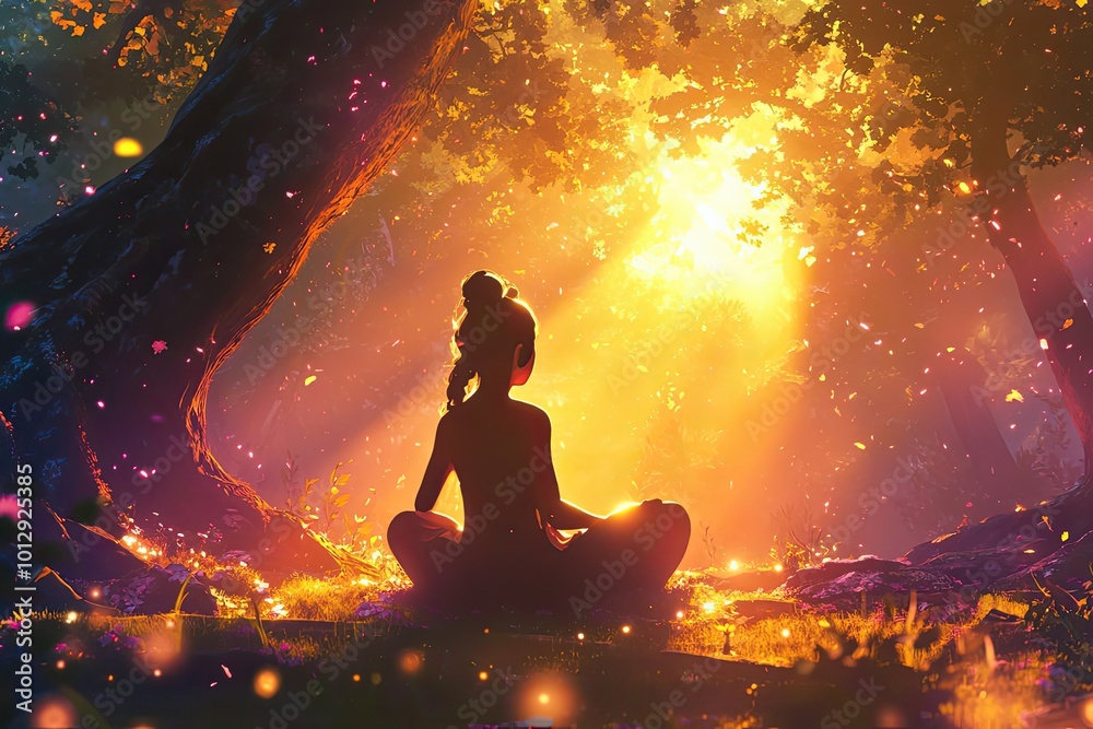 Silhouetted Woman Meditating in a Golden Forest