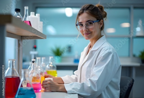 Female researcher wearing a white lab coat, concentrating on laboratory work with various flasks containing vibrant liquids, symbolizing cutting-edge scientific investigation.