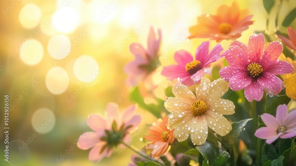 A cluster of vibrant flowers with droplets of dew sparkles under the warm sunlight in a blooming spring garden. Generative AI A cluster of vibrant flowers with droplets of dew sparkles under the warm sunlight in a blooming spring garden. Generative AI