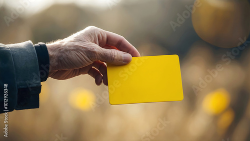 Obraz na płótnie Hand holding yellow card, warning, referee at soccer match, sport background, template, copy space area w salonie