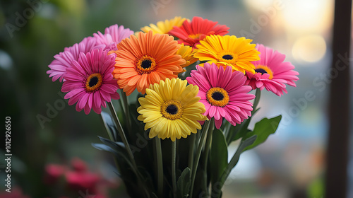 A bouquet of colorful daisies, various pinks, oranges, and yellows.