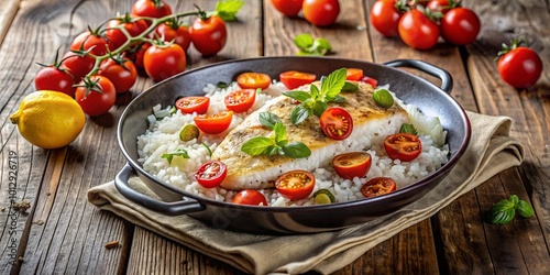 Pan-Seared Fish with Rice, Cherry Tomatoes, and Fresh Basil, Served on a Rustic Wooden Table