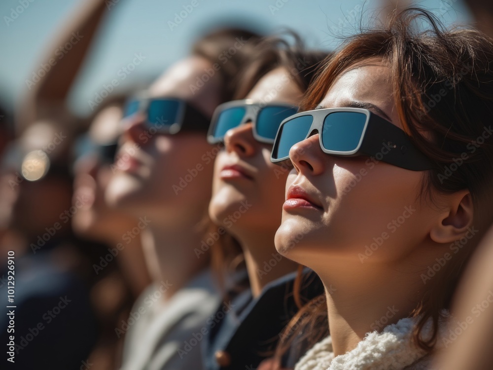 Group of people wearing solar eclipse glasses while gazing up at the sky, capturing a moment of awe during a solar eclipse event Group of people wearing solar eclipse glasses while gazing up at the sky, capturing a moment of awe during a solar eclipse event
