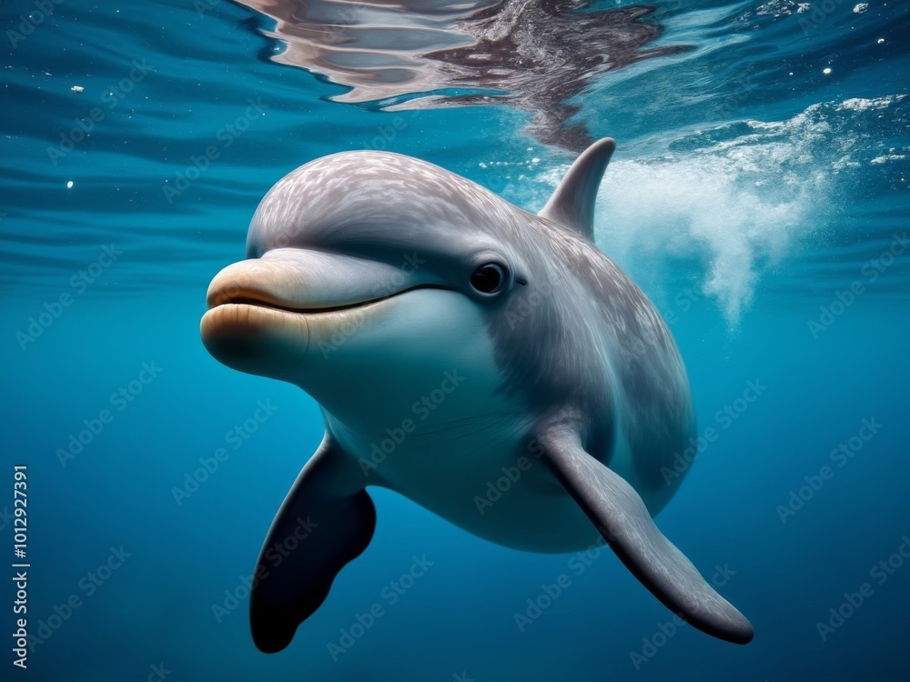 Obraz premium Playful dolphin swimming underwater in clear blue ocean, highlighting marine life and wildlife photography