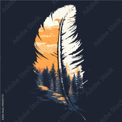 Vector illustration of an eagle feather merging with pine trees at sunset, ideal for t-shirt designs or nature-themed artwork.