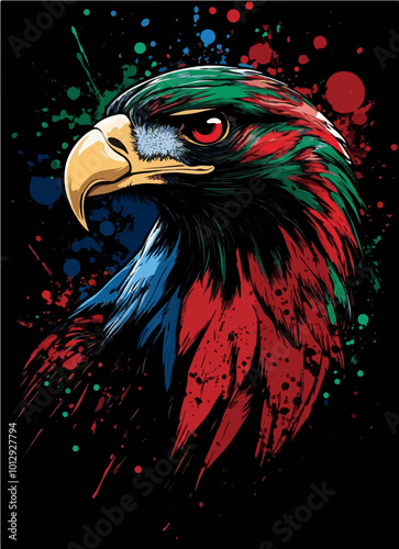 Bold vector illustration of an eagle head in vibrant colors with splashes of red, green, and blue, perfect for t-shirt designs or bold artwork. photo