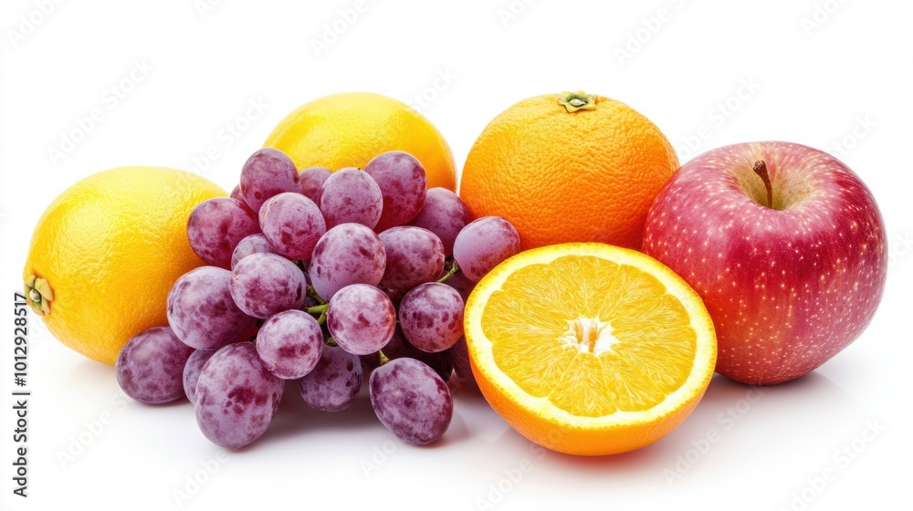 A colorful collection of fresh fruits, featuring grapes, apples, and oranges, isolated on white A colorful collection of fresh fruits, featuring grapes, apples, and oranges, isolated on white