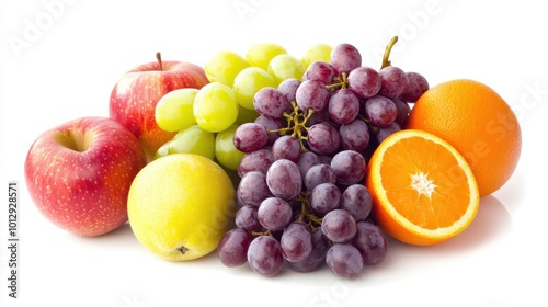 A colorful collection of fresh fruits, featuring grapes, apples, and oranges, isolated on white