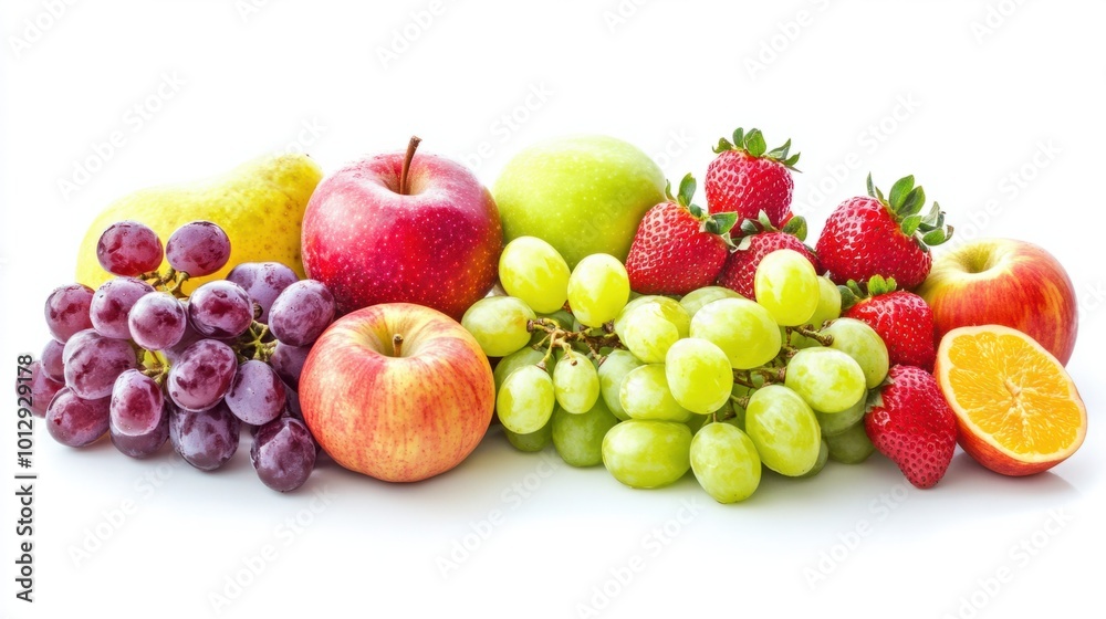 A fresh and vibrant collection of fruits, including grapes, apples, and strawberries, isolated on white A fresh and vibrant collection of fruits, including grapes, apples, and strawberries, isolated on white
