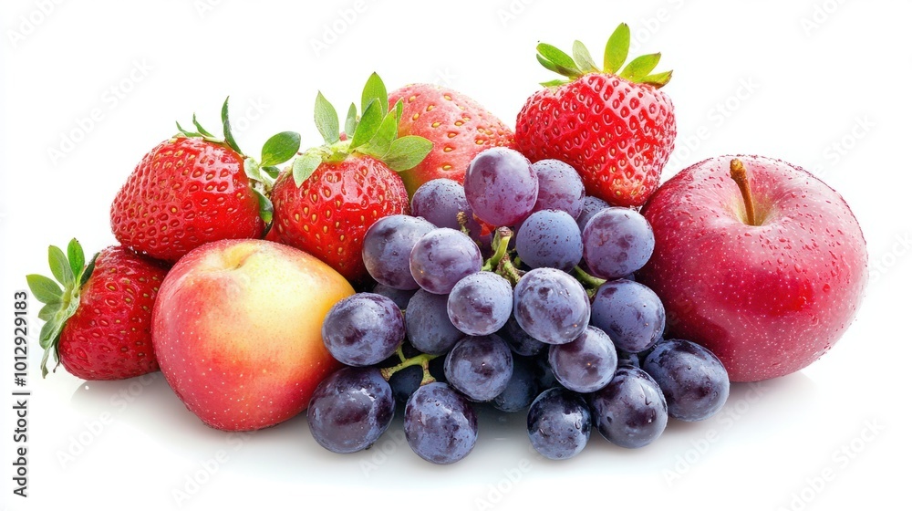 A fresh and vibrant collection of fruits, including grapes, apples, and strawberries, isolated on white A fresh and vibrant collection of fruits, including grapes, apples, and strawberries, isolated on white