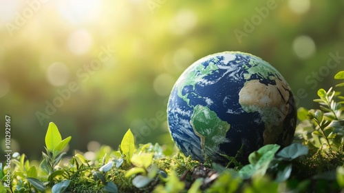 A vibrant image of the Earth globe lying on a bed of lush green plants, symbolizing environmental consciousness and global connection. The sunlight highlights the importance of sustainability and