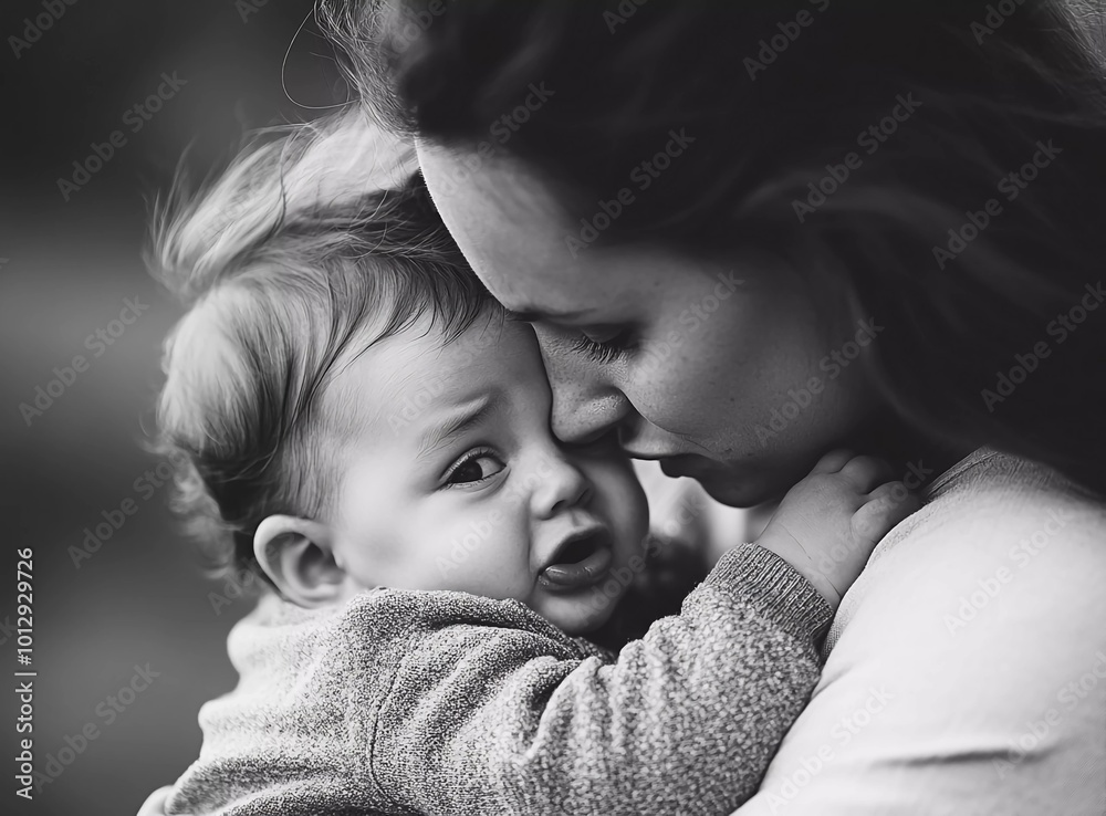 Black and white photograph of a mother holding her baby boy in her arms. Black and white photograph of a mother holding her baby boy in her arms.
