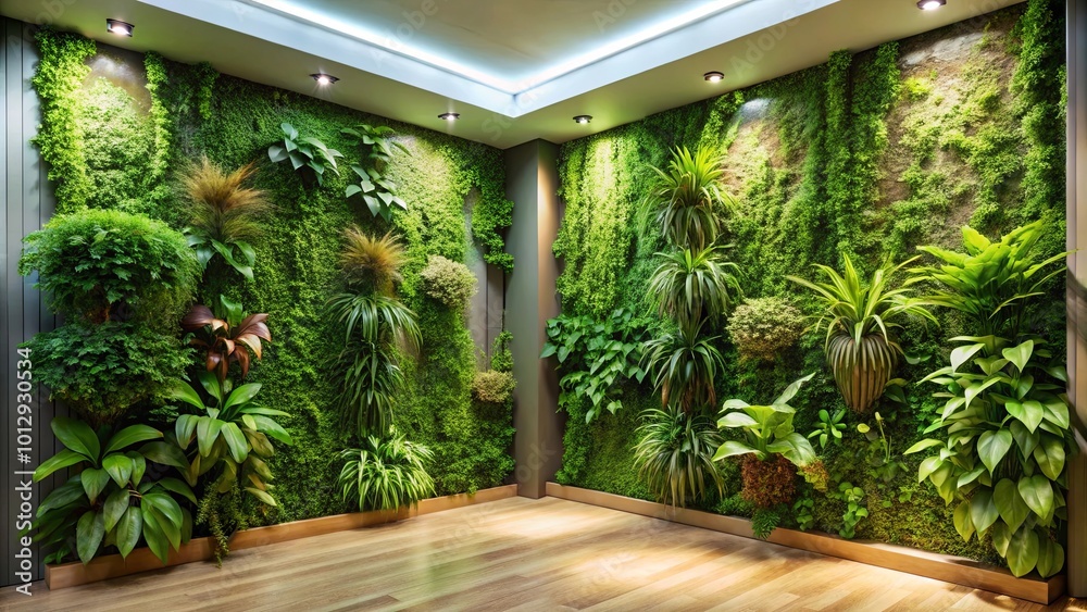 Fototapeta premium A verdant living wall, crafted from a variety of plant life, transforms an interior space into a serene oasis, inviting tranquility and a sense of renewal.