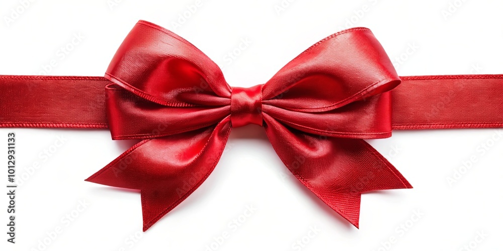 A classic red ribbon bow with a center knot, a symbol of celebration and festivity, adorns a pristine white backdrop. A classic red ribbon bow with a center knot, a symbol of celebration and festivity, adorns a pristine white backdrop.