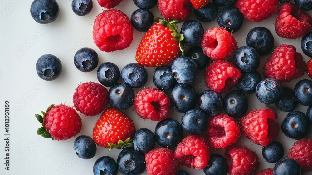 A vibrant mix of fresh berries, including raspberries, blueberries, and strawberries, isolated on white A vibrant mix of fresh berries, including raspberries, blueberries, and strawberries, isolated on white