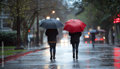 Capture individuals walking with umbrellas in the rain, using puddles and wet streets for reflections and mood