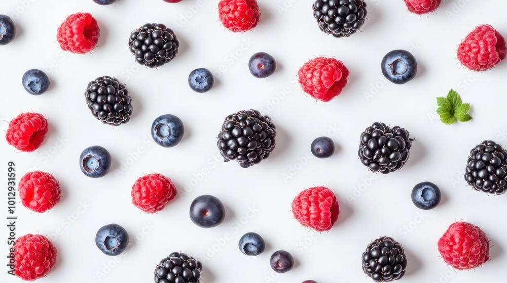 Assorted fresh berries like blackberries, raspberries, and blueberries isolated on a white background Assorted fresh berries like blackberries, raspberries, and blueberries isolated on a white background