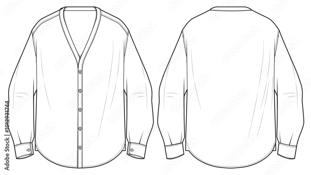 Men's long sleeves band collar cardigan shirt flat sketch illustration front and back view, Mandarin collar Woven shirt for formal wear and casual wear fashion illustration template mock up Men's long sleeves band collar cardigan shirt flat sketch illustration front and back view, Mandarin collar Woven shirt for formal wear and casual wear fashion illustration template mock up