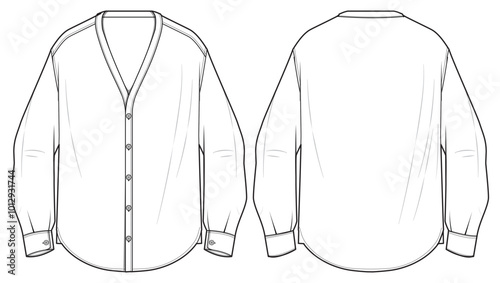 Men's long sleeves band collar cardigan shirt flat sketch illustration front and back view, Mandarin collar Woven shirt for formal wear and casual wear fashion illustration template mock up