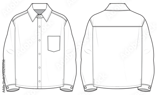 Men's Long sleeve denim shirt flat sketch illustration front and back view,  patch pocket long sleeve shirt for casual wear fashion illustration template mock up