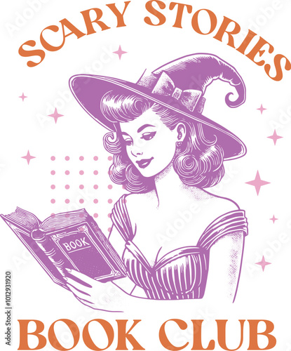 Halloween vector illustration of a witch reading a book titled Scary Stories of a spooky-themed book club.
