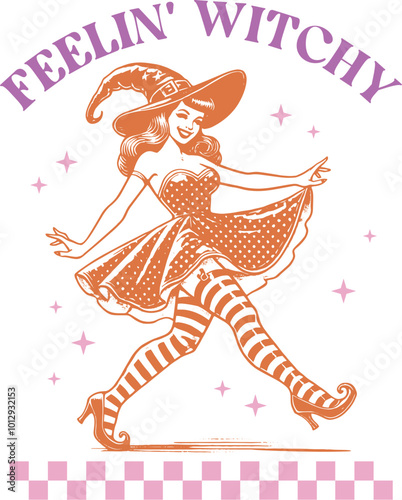 Vector illustration of a witch joyfully dancing with the phrase 'Feelin' Witchy.' A fun and whimsical Halloween design with retro vibes, perfect for party decorations, invitations, and festive artwork