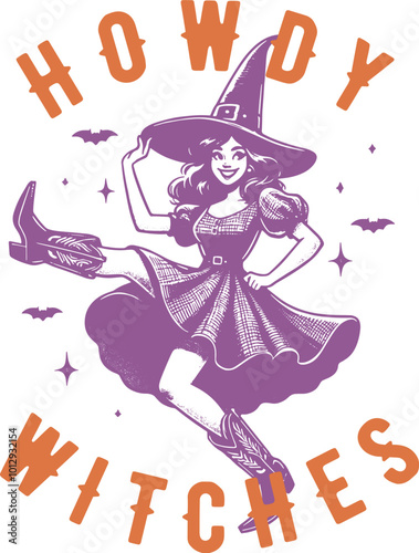 Vector illustration of a witch in cowboy boots with the text 'Howdy Witches.' A fun Halloween-themed design with a mix of western and magical elements, perfect for party invitations and decorations.