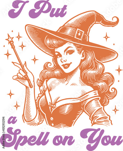 Vector illustration of a witch casting a spell with a wand, paired with the phrase 'I Put a Spell on You.' A magical and spooky Halloween design, perfect for party invitations and decorations