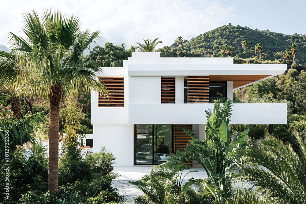 Fototapeta premium A white modernist house with wooden details, surrounded by vegetation, plants, and palm trees, set against a backdrop of mountains in Andalusia. The photograph captures the architecture on a sunny day