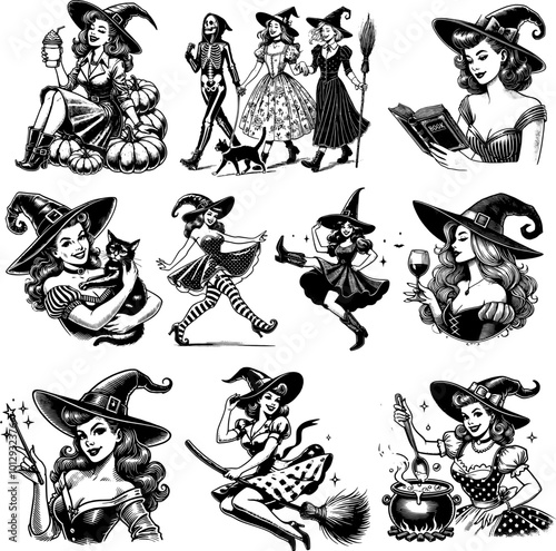 A vector clipart set featuring a witches. This fun and whimsical collection is perfect for Halloween projects, party decorations, invitations, and spooky-themed designs.