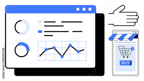 Data visualizations, charts, and graphs on a screen with a hand pointing towards an online cart on a mobile device. Ideal for e-commerce, data analytics, business insights, mobile shopping