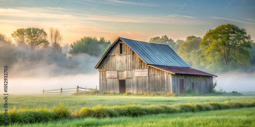 Fototapeta premium A weathered wooden barn stands sentinel in a misty field, bathed in the soft light of sunrise.