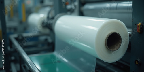 an image of industrial polyethylene film rolls on production equipment within a factory setting