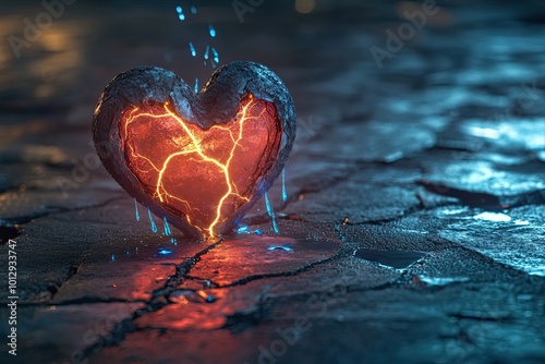 A Cracked Stone Heart Glowing with Internal Fire, Dripping Blue Liquid